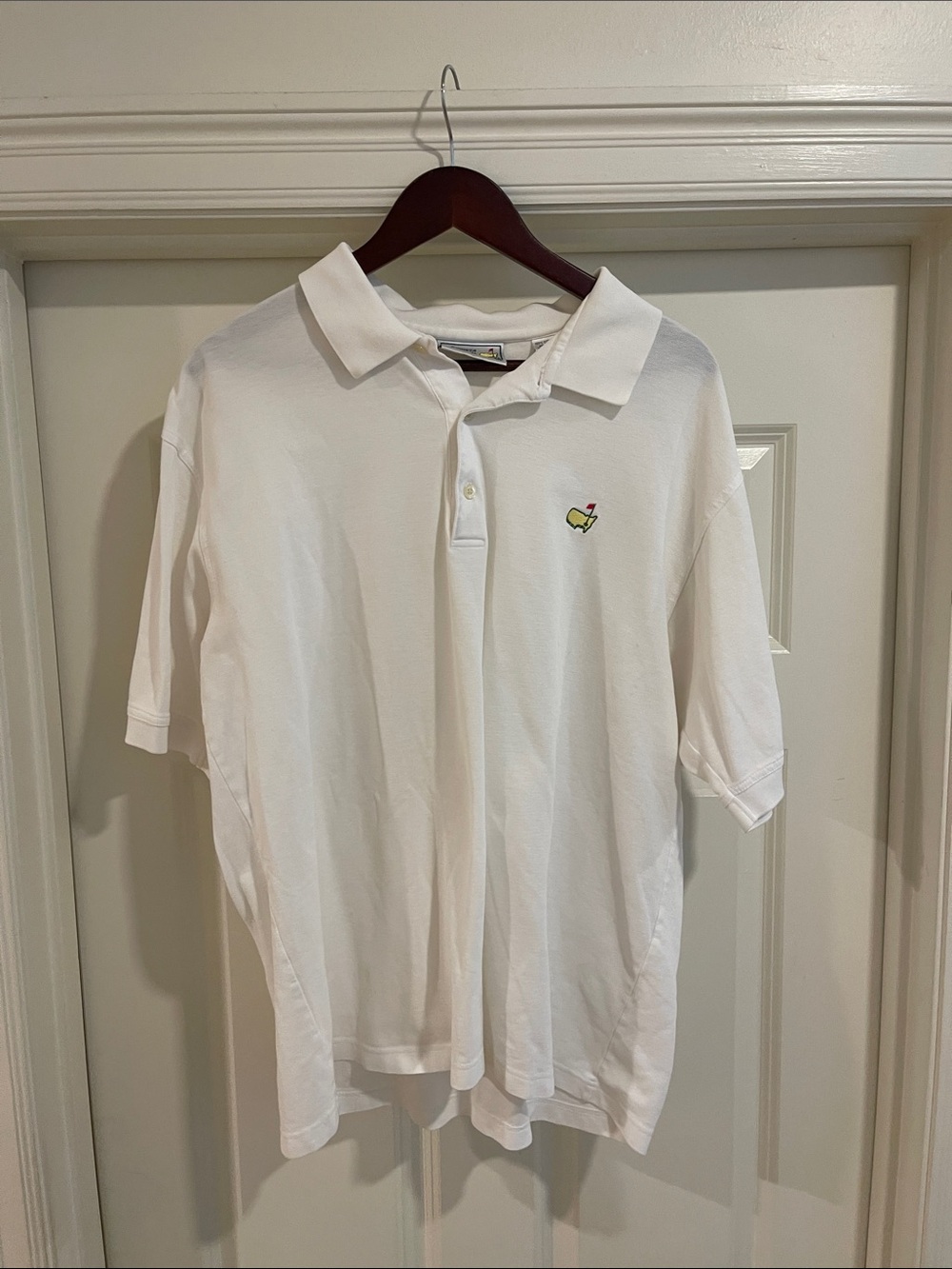 Masters White Polo with Small Green & Pink Logo